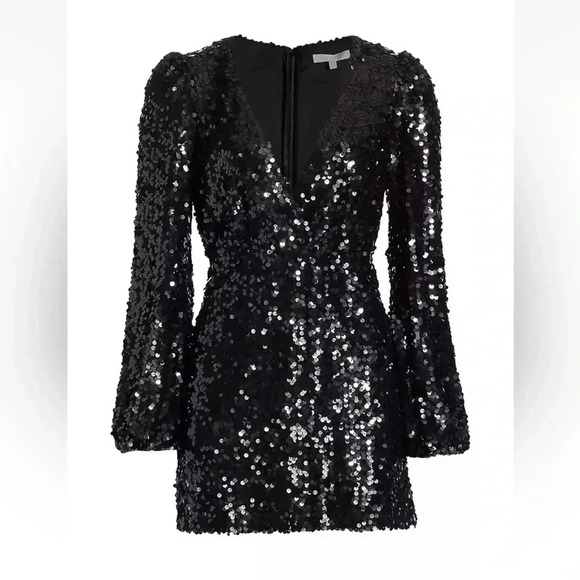 NEW WAYF Black CARRIE Balloon Long Sleeve Sequin Cocktail Mini Dress - Picture 3 of 13
